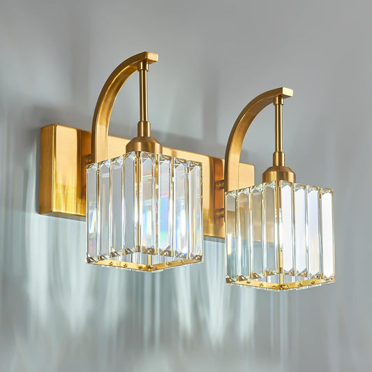Crystal Vanity Lights 2-Light Gold Wall Lamp Modern Crystal Bathroom Light Fixtures Over Mirror 13.77" Long Bathroom Wall Sconce