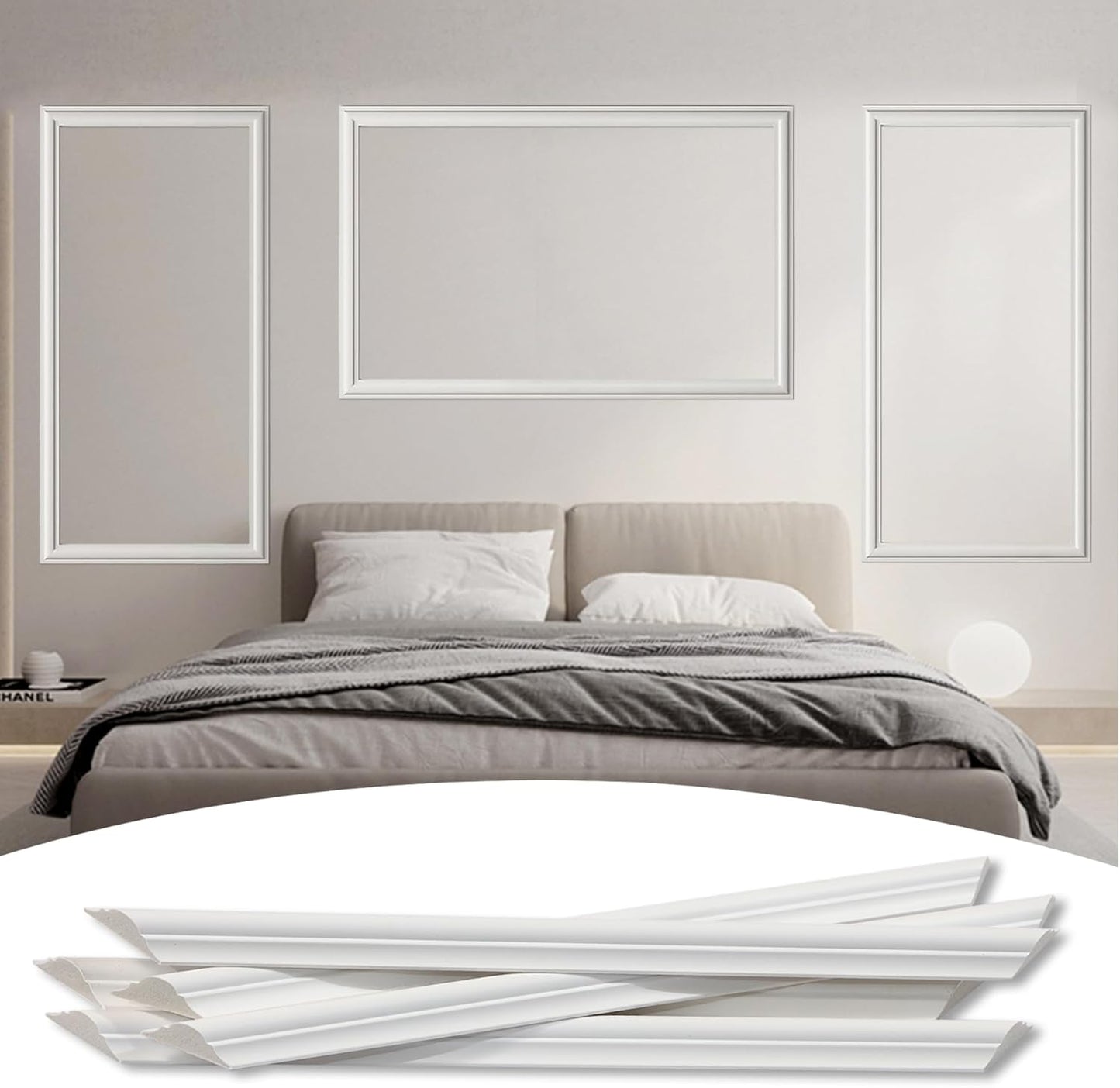 Bedroom Premade Accent Wall Molding Kit, Ready-to-Assemble Wainscoting Panels, Pre-Cut Chair Rail Moulding Trim for Living Room Home Décor