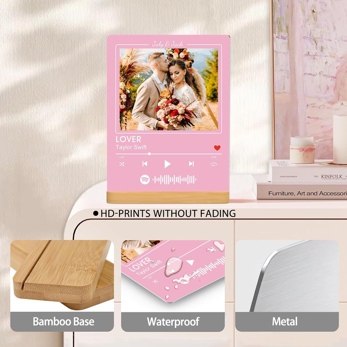 Custom Photo Prints - Metal Desktop Picture Frame with Photos & Spotify Song Plaque & Wooden Base Personalized Gifts for Family Friends and Lovers, Optional Multiple Sizes