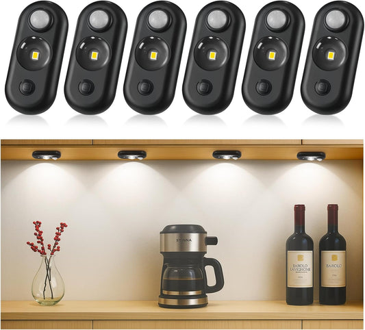 LED Motion Sensor Puck Lights, Small Rechargeable Under Cabinet Light, Dimmable Daylight White Closet Lights, Wireless Under Cabinet Lighting for Drawer, Kitchen (6 Pack)
