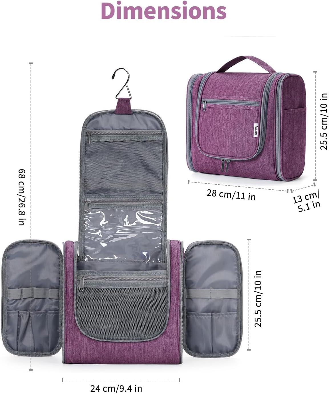 Hanging Toiletry Bag for Women Travel Makeup Bag Organizer Toiletries Bag for Cosmetics Essentials Accessories (Large, Dark Purple)