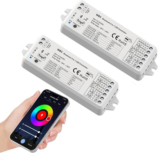 (2 Pack) 5in1 WB5 LED Controllers Bluetooth Control 2.4GHz Dimmable CCT RGB RGBW RGBCCT COB LED Strips - Compatible with Tuya App Echo Alexa Google Home Voice Control