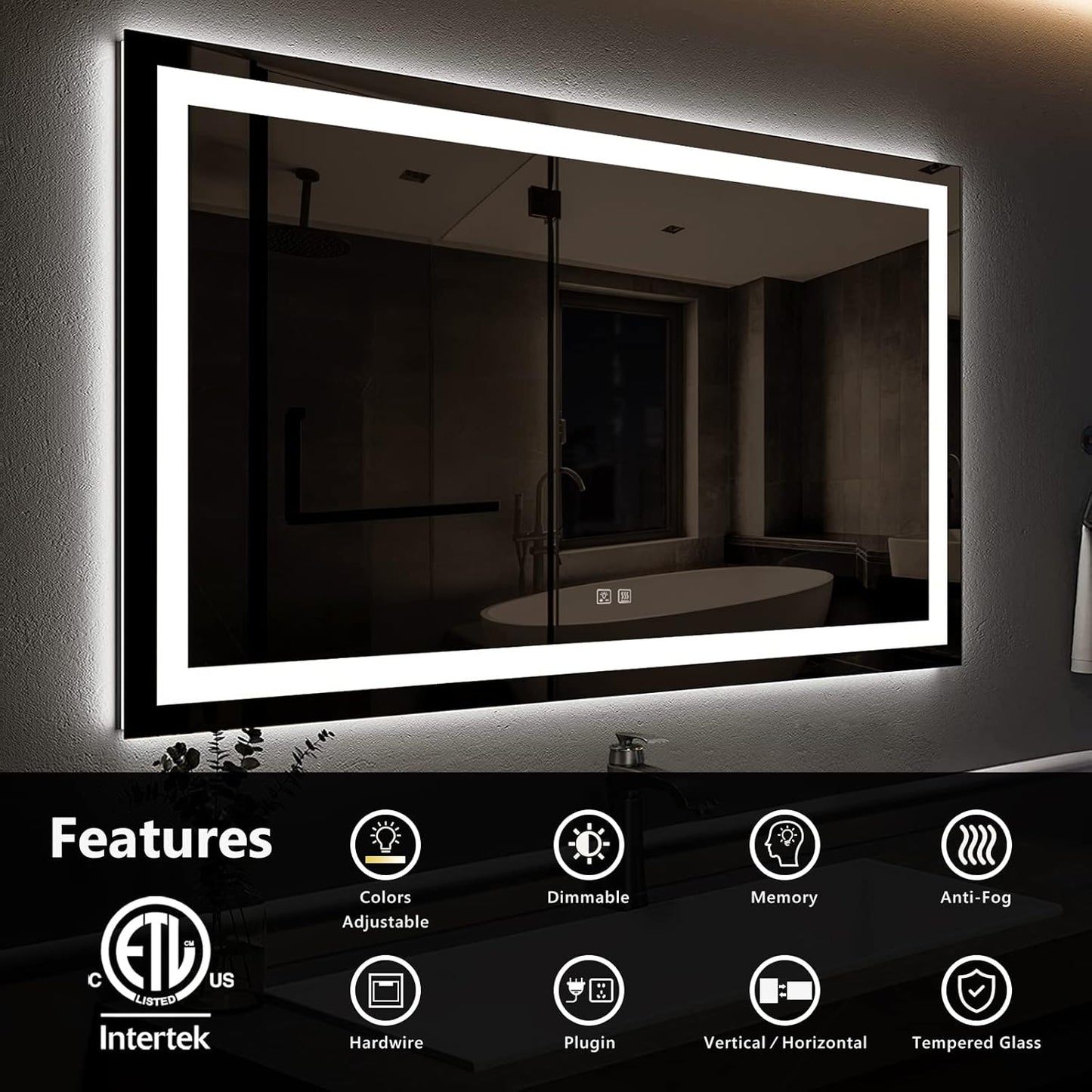 ROOMTEC 48X30 Inch Led Mirror for Bathroom,Backlit Lighted,Anti-Fog, Dimmable, Vertical & Horizontal Mount (Square-48 * 30",Frosted), Silver