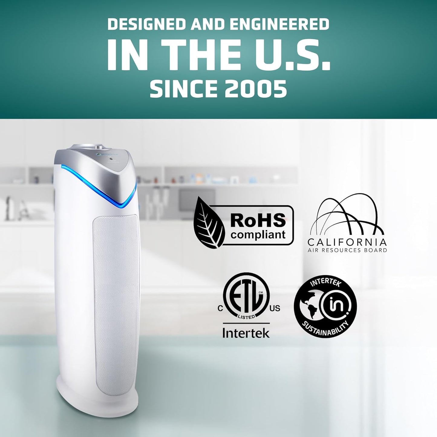 GermGuardian Air Purifier for Home with HEPA Pure Filter, for Wildfire Smoke, Pet Dander, Pollen, Odors, Large Rooms Up To 743 Sq. Ft., Removes 99.97% Pollutants, UV-C Light, 22", AC4825W, White