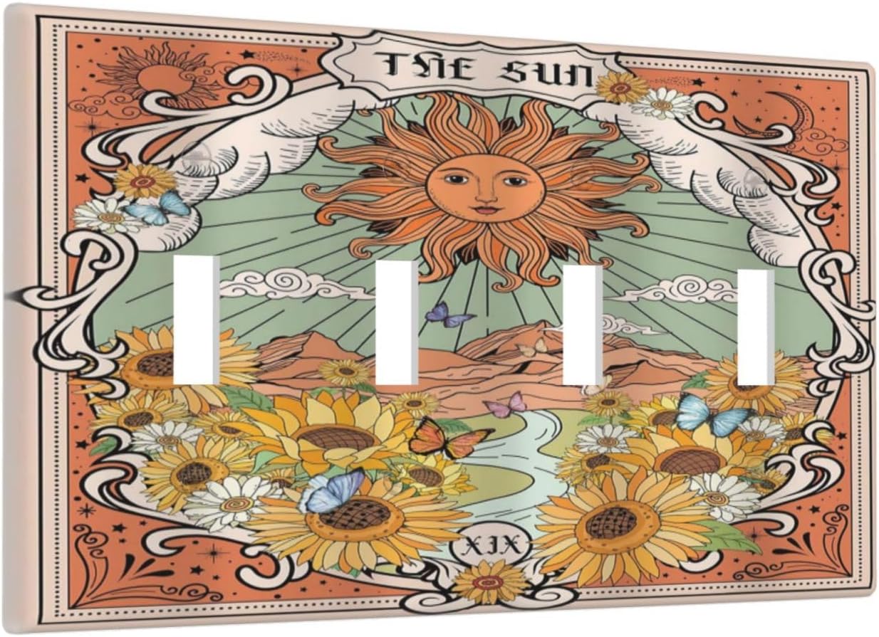 Boho Retro Sun Sunflower Vintage Flower Butterfly Light Switch Covers Quad Toggle Electrical Faceplate 4 Gang Wall Plate Decorative Switch Plates for Farmhouse Home Decor