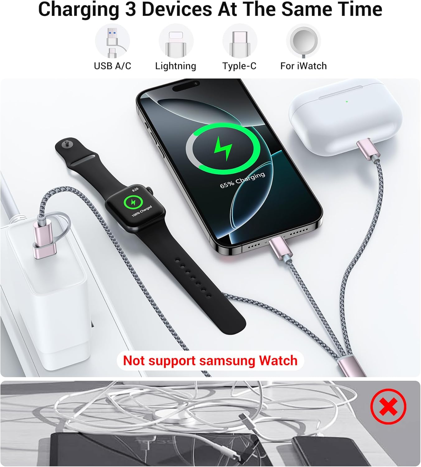 Temdan for Travel Vacation Essentials,3 in 2 USB C Cable for Apple Watch Charger/iPhone 17 Charger/Lightning,Multi Charging Cable Cord,Camping Essentials,Designed for iWatch &iPhone 16-12-5FT