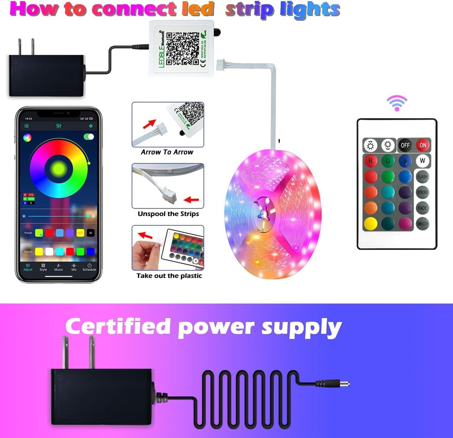 20FT Led Strip Lights,Long Smart Led Light Strips Music Sync 5050 RGB Color Changing Rope Lights,Bluetooth APP/IR Remote/Switch Box Control Led Lights for Bedroom,Home Decoration,Party,Festival