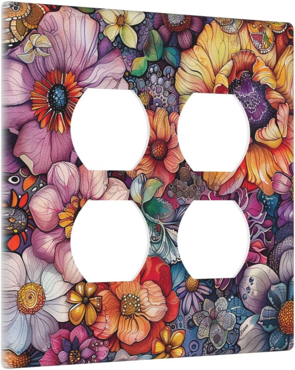 Outlet Covers Colorful Bohemian Flowers Vintage Boho Floral 2 Gang Double Duplex Decorative Light Switch Covers Electrical Wallplates Socket Faceplate for Bed Room living Room Decor
