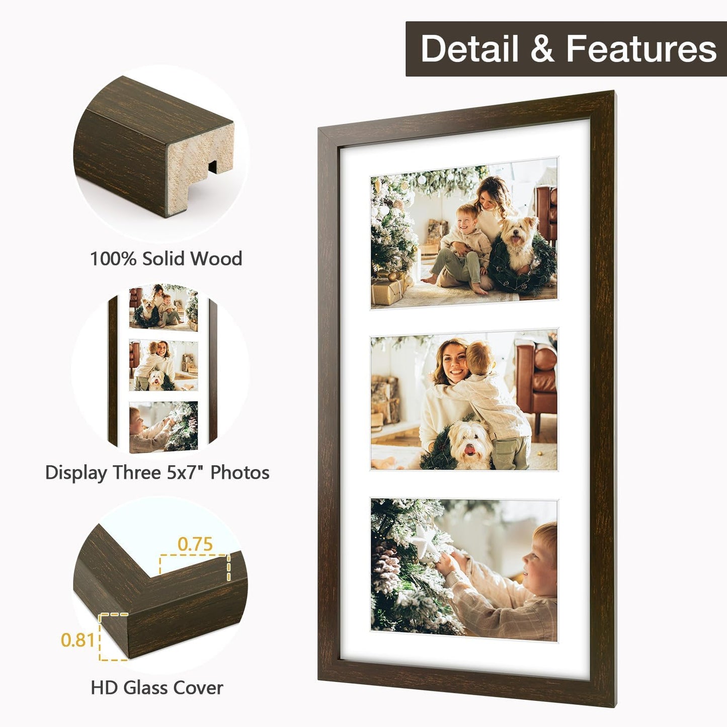 Golden State Art Three 5x7 Collage Picture Frame - Solid Wood with Tempered Glass - Multi Picture Frame Display Three 5x7 Photos with Mat - or One 9x18 Frame Without Mat for Wall Decor, Dark Brown