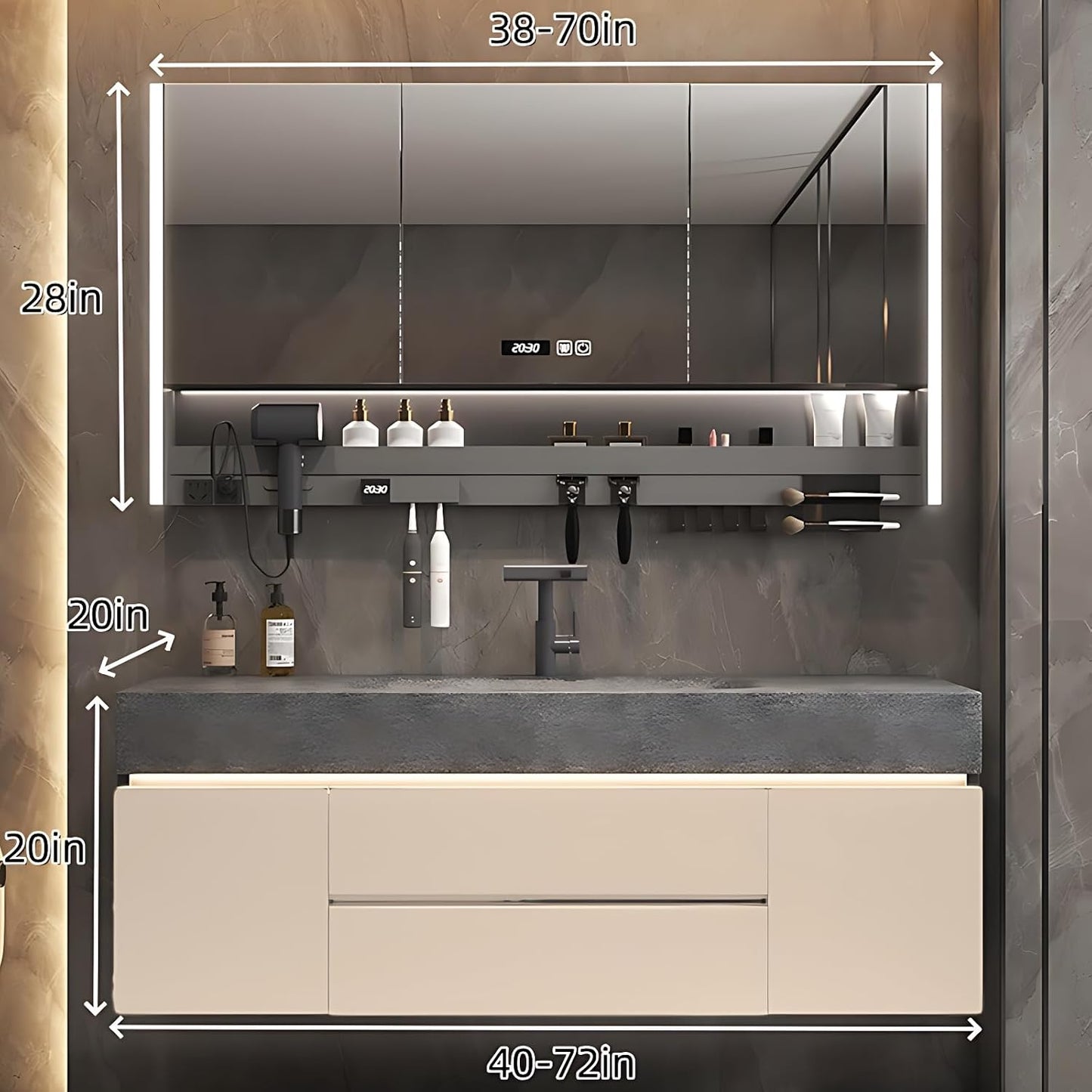 Modern Bathroom Vanity – Cabinet Set with LED Smart Defogging Mirror & Time Display | Bathroom Vanity with Sink, Large Space Storage with Easy Installation, 2 Drawers (Cream, 48IN)