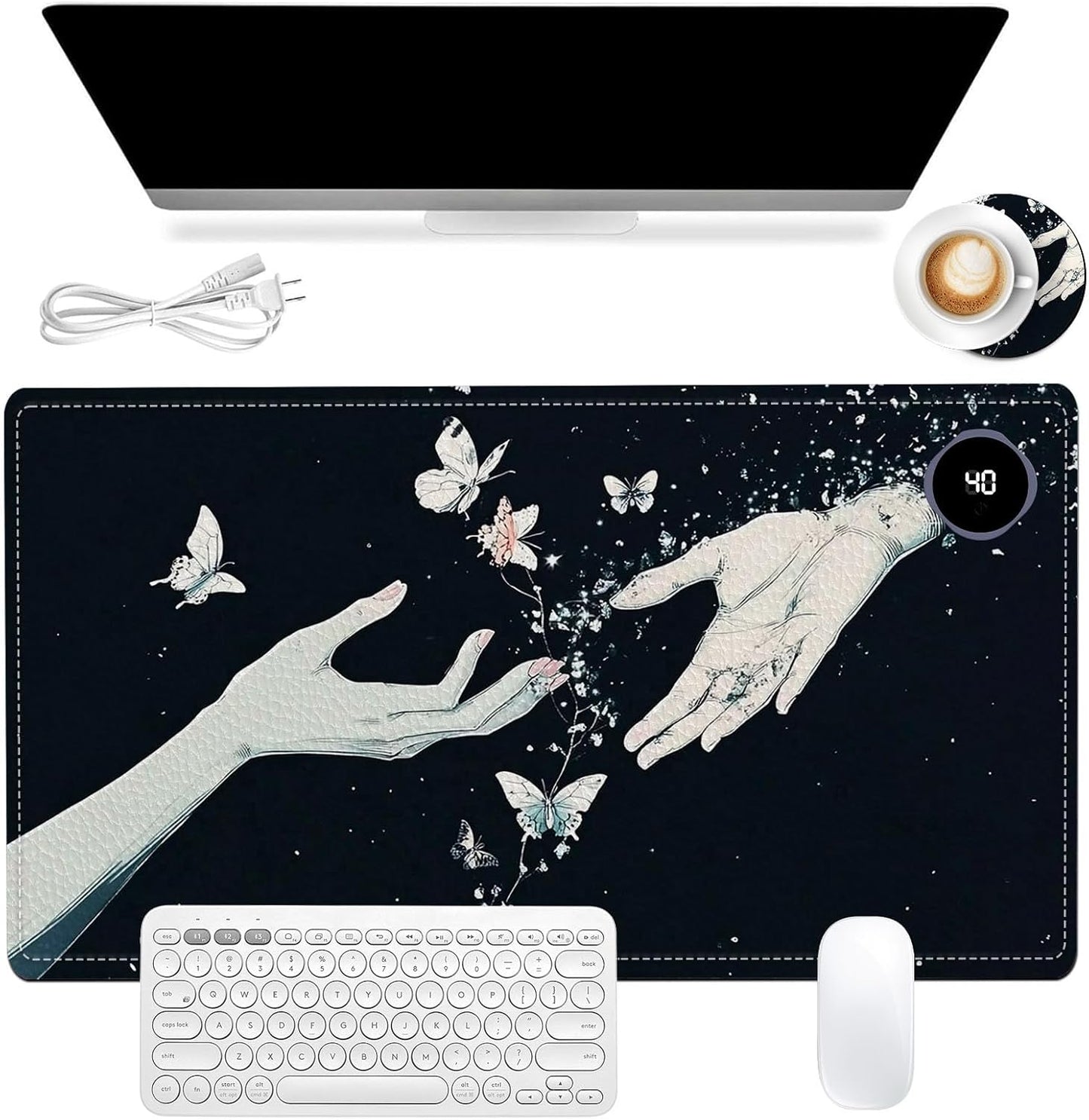 Heated Mouse Pad 23.6 x 14 in 3-Temp Fast Heating Desk Mat with Auto Timer Warmer for Hands Wrist Pain Relief Waterproof Keyboard Mat for Office, Gaming, Home, Butterfly Hands Art