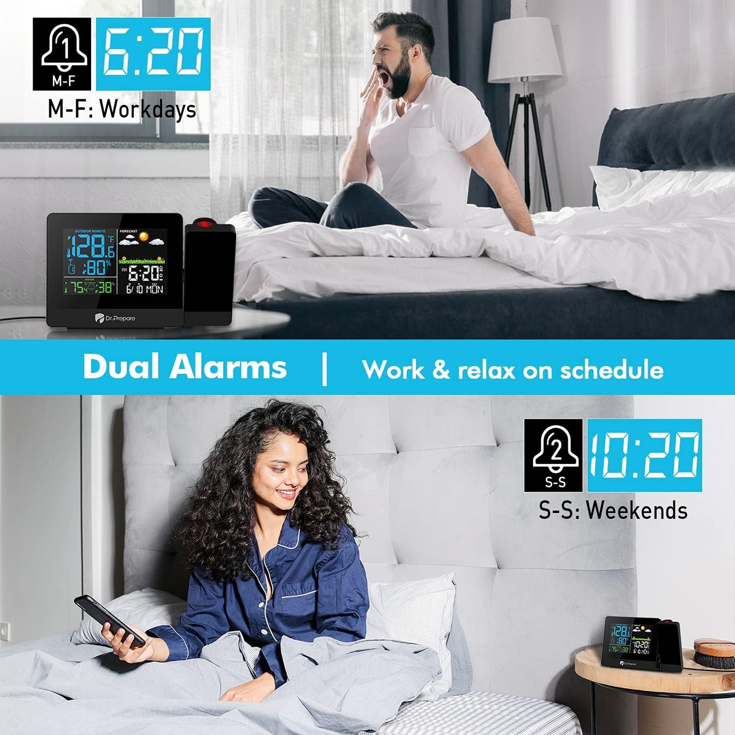 DR.PREPARE Projection Alarm Clock, Digital Clock Projector on Ceiling with Indoor/Outdoor Temperature Display, Dual Alarms, Colored Backlight, Weather Forecast, and Battery Backup for Bedroom