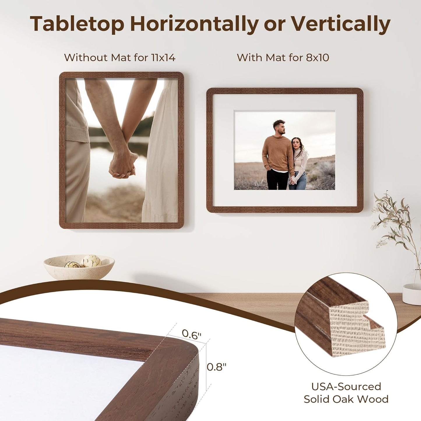 11x14 Picture Frame, Solid Oak Wood Frame 11 x 14 for Wall, Rustic Wooden Frames 11 by 14 with Tempered Glass, 11x14 Frame with Mat for 8x10, Home Decor Photo Frames 11"x14", Walnut Color, 1 Pack