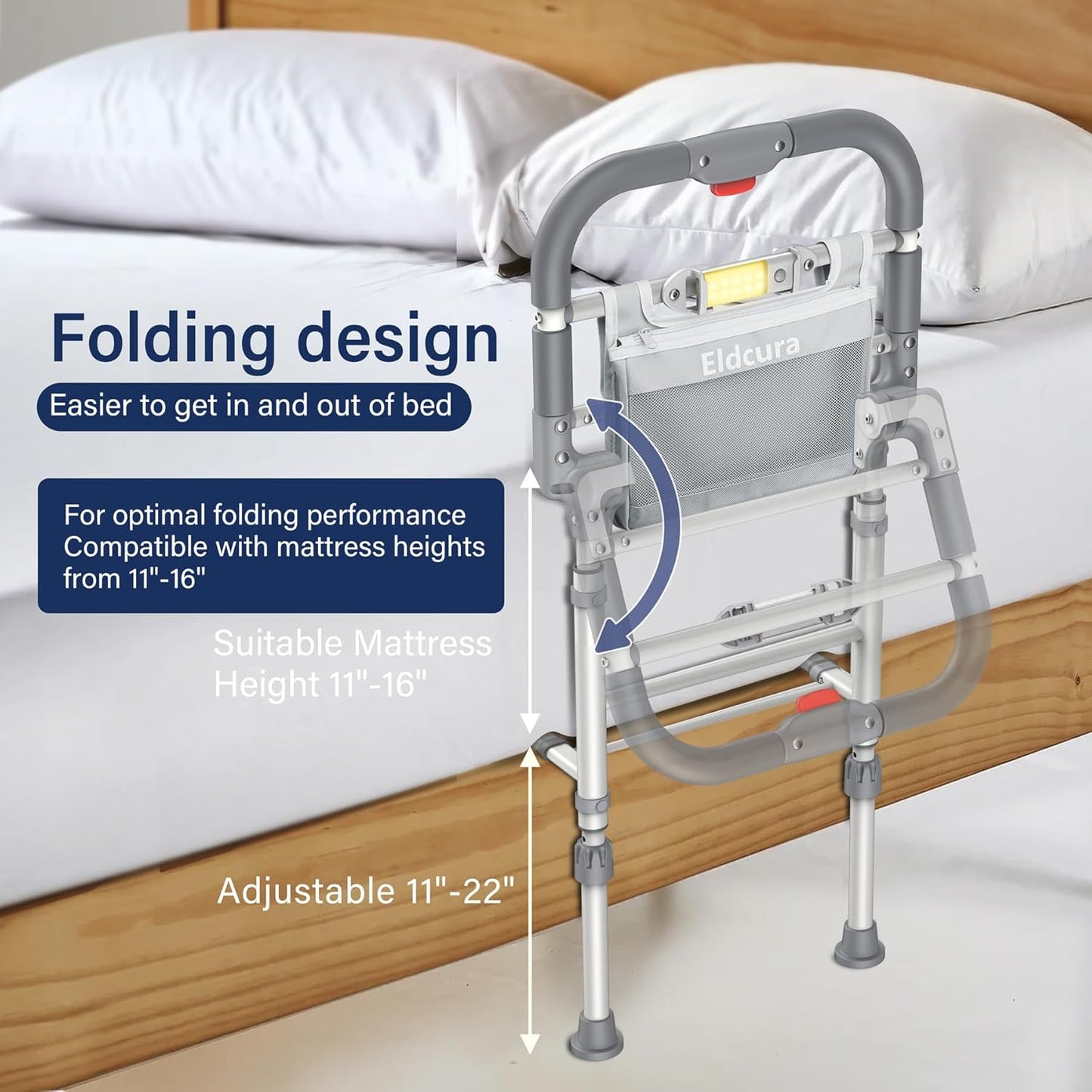 Foldable Bed Rails for Elderly Adults Safety - Heavy Duty Bed Rail for Seniors with Adjustable Height,Bed Side Rails with Motion Sensor Light and Storage Pocket,Fits King Queen Full Twin Beds,400LBS