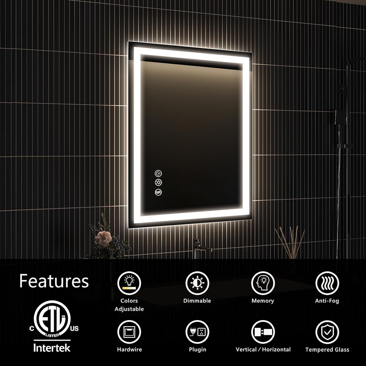 APRILSOUL 20x28 Inch LED Bathroom Mirror with Front and Backlit, Makeup Mirror with 3 Color Lights, Memory Function, Anti-Fog and Dimmable Light (Horizontal/Vertical)
