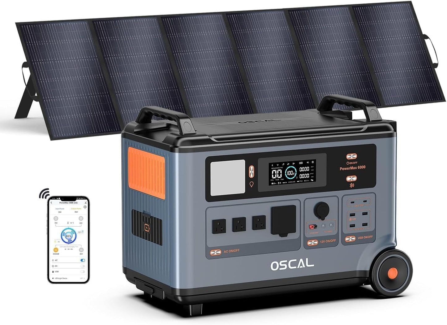 OSCAL PowerMax 6000 Solar Generator with 500W Solar Panel, 120V/240V Split Phase Voltage 6000W AC Outlets (9000W Peak), 2200W AC Charging/2400W PV Charging for Home, Emergency, Bank Battery Backup