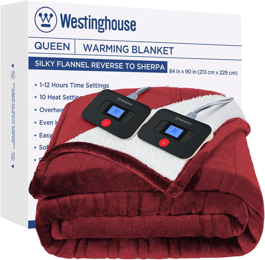 Westinghouse Electric Blanket Queen, Heated Blanket Queen Size with 10 Heating Levels and 1 to 12 Hours Heating Time Settings, Flannel to Sherpa Reversible, Machine Washable (84" x 90", Red)