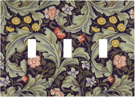 Boho William Morris Floral Green Leaves Flower Decorative Switch Plates 3 Gang Wall Plate Triple Toggle Light Switch Cover Faceplate Electrical Wall Panels for Farmhouse Home Decor