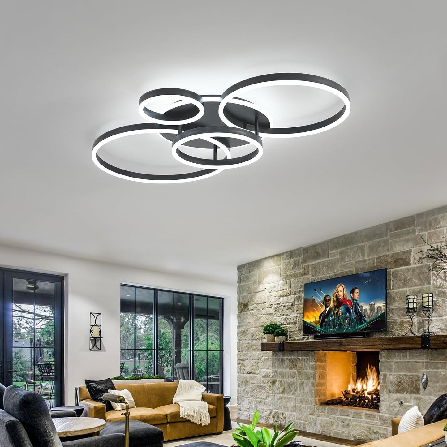 O'NEELDY Flush Mount Modern Ceiling Light Black Led Modern Light Fixtures Ceiling Mount Lights 4 Rings Led Chandelier Lamp Fixture with Remote for Living Room Kitchen Dining Room Bedroom