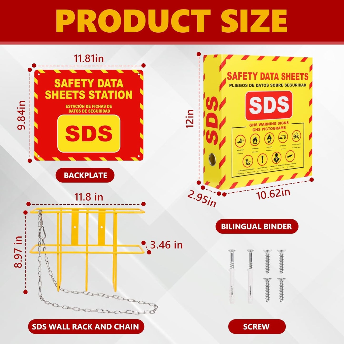 SDS MSDS Binder and Wall Station Bilingual Yellow 2 Inch Safety Data Sheet 3 Ring Binder with SDS Wire Rack Chain Self-tapping Screws SDS Station Sign Wall Mounted for Workplace English Spanish