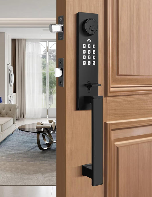 Smart Entry Door Lock Set, Electronic Full Escutcheon Door Handle, Digital Keypad Deadbolt with App, Heavy Duty Black Front Door Handle with Single Cylinder Deadbolt, Auto Locking