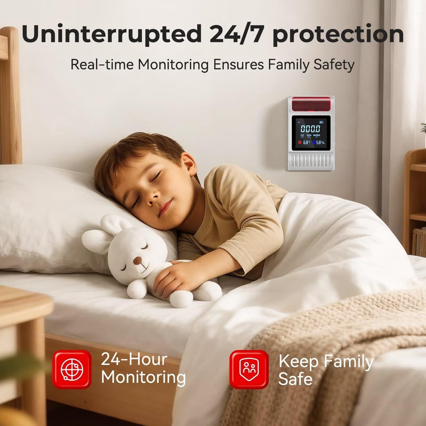 6-in-1 Smoke and Carbon Monoxide Detectors Plug in, Gas Leak Detector with Battery Backup Slot, Adjustable Brightness & Volume Levels, Smoke Alarm with Temp/Humidity for Home, RV, Travel(MR818,3-Pack)