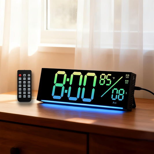 11-Inch LED Digital Wall Clock with RGB Flowing Light, Seconds,Date,Time,Temperature｜Large Clear Display, Countdown Timer,Dual Alarms,Remote Control｜Silent Modern Clock for Bedroom, Living Room,Office
