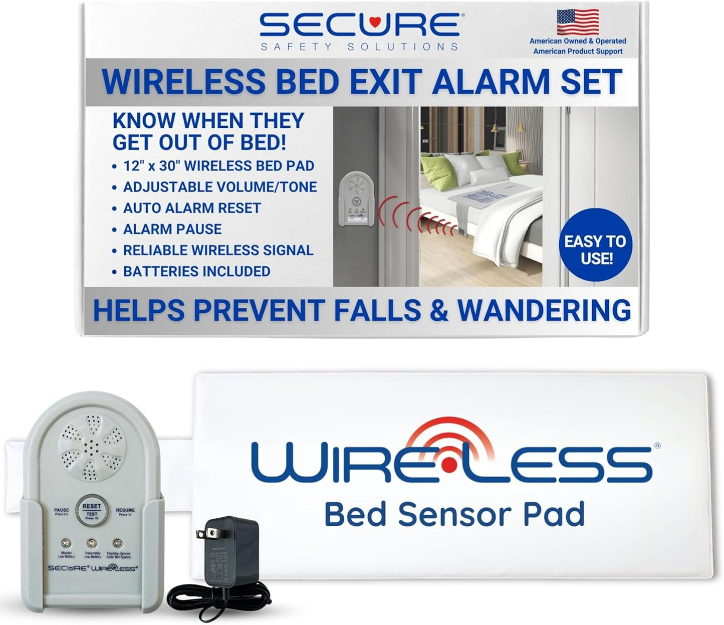 Secure Bed Alarm for Elderly Adults, Dementia Patients, Seniors - 12" x 30" Wireless Bed Sensor Pad, Alarm Monitor Pager, Power Adapter - Fall & Wandering Prevention Caregiver Alert System