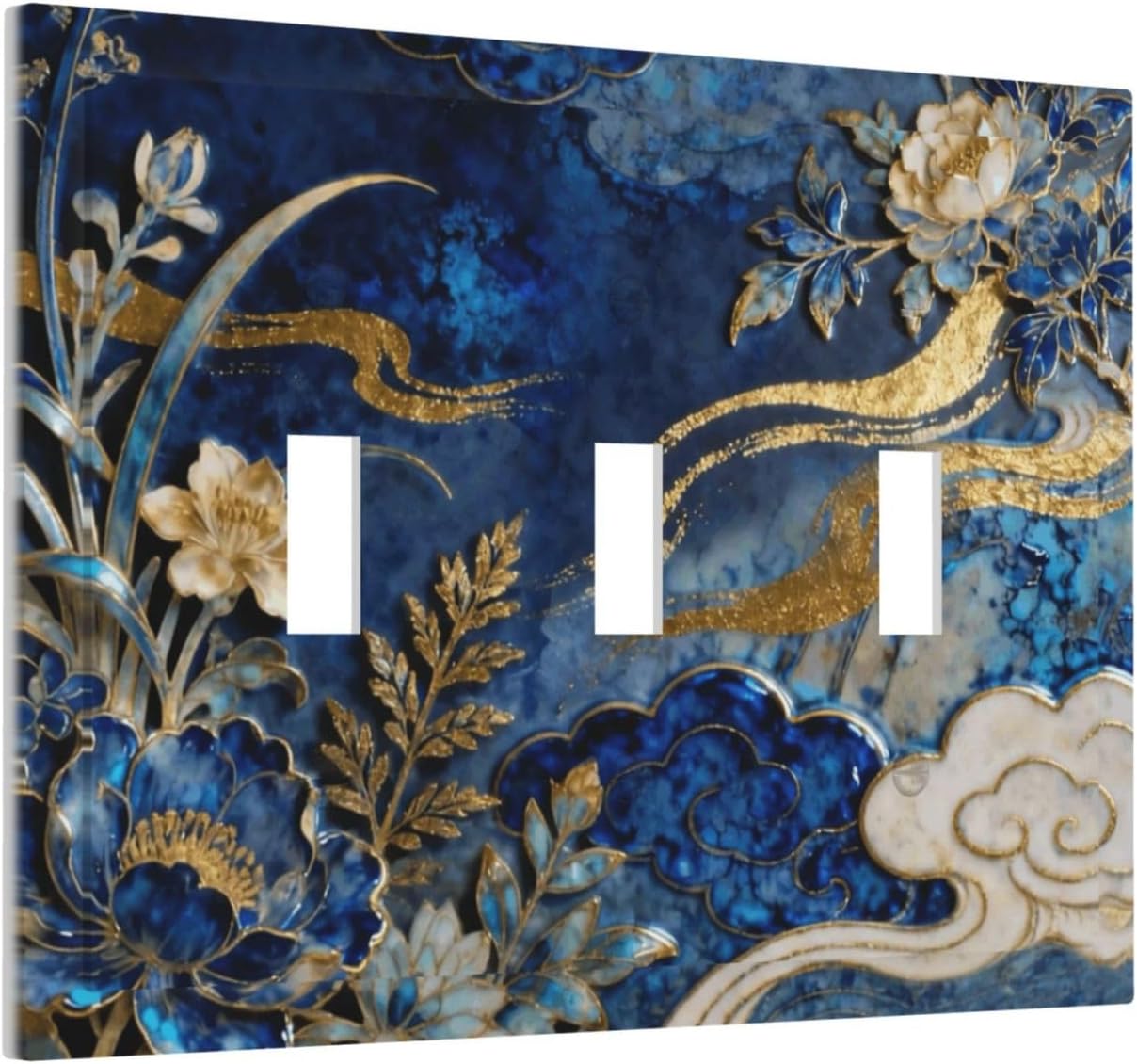 Decorative Light Switch Cover Plate Blue White Flower Gold Line Cloud 3 Gang Wall Plates for Electrical Outlets Triple Toggle Switch Plate Covers Outlet Covers Faceplate for Home Decor