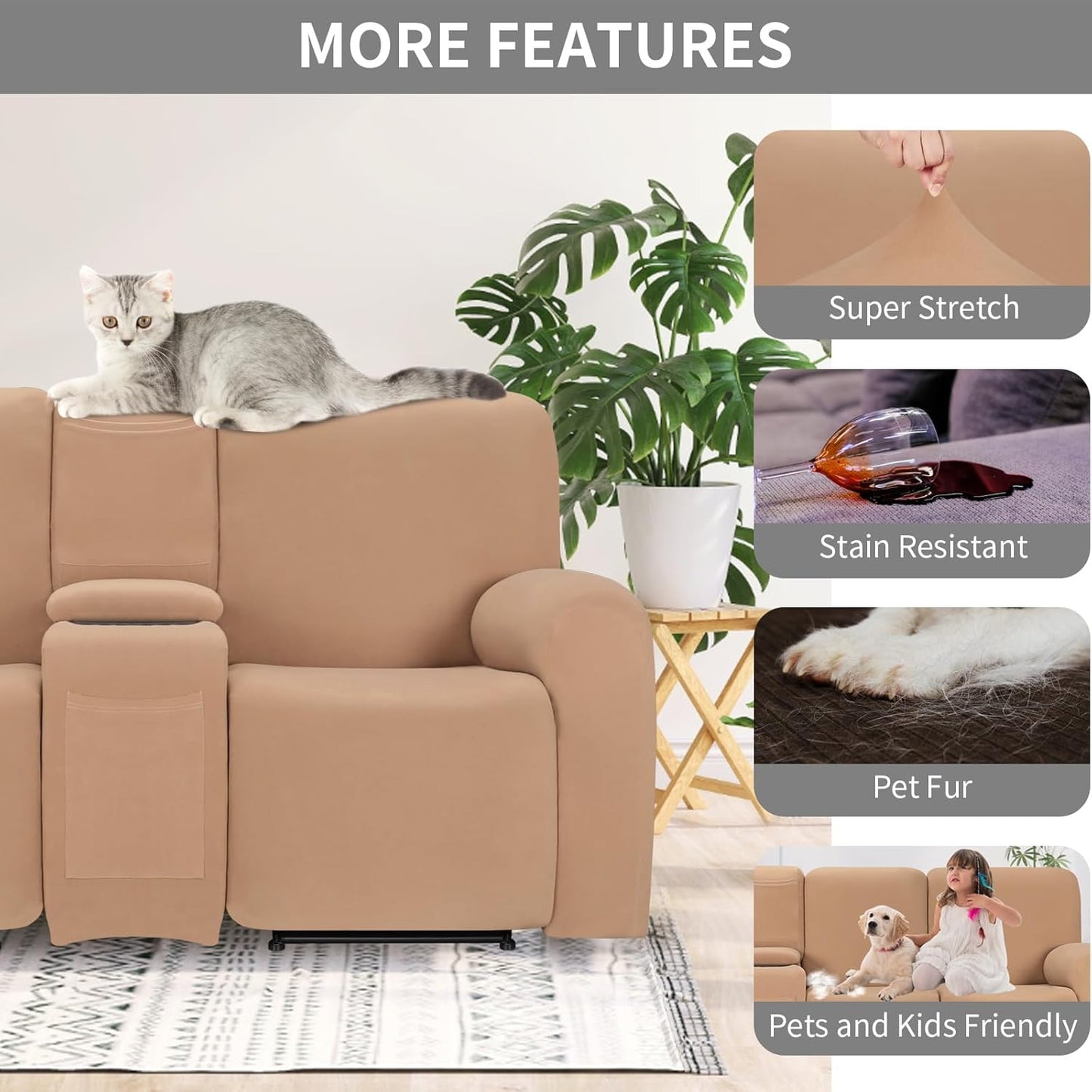 Easy-Going 100% Waterproof Recliner Console Cover, Stretch Middle Console Couch Covers for Reclining Sofas, Sectional L-Shape Furniture Protector for Kids & Pets, 1 Console Cover, Camel
