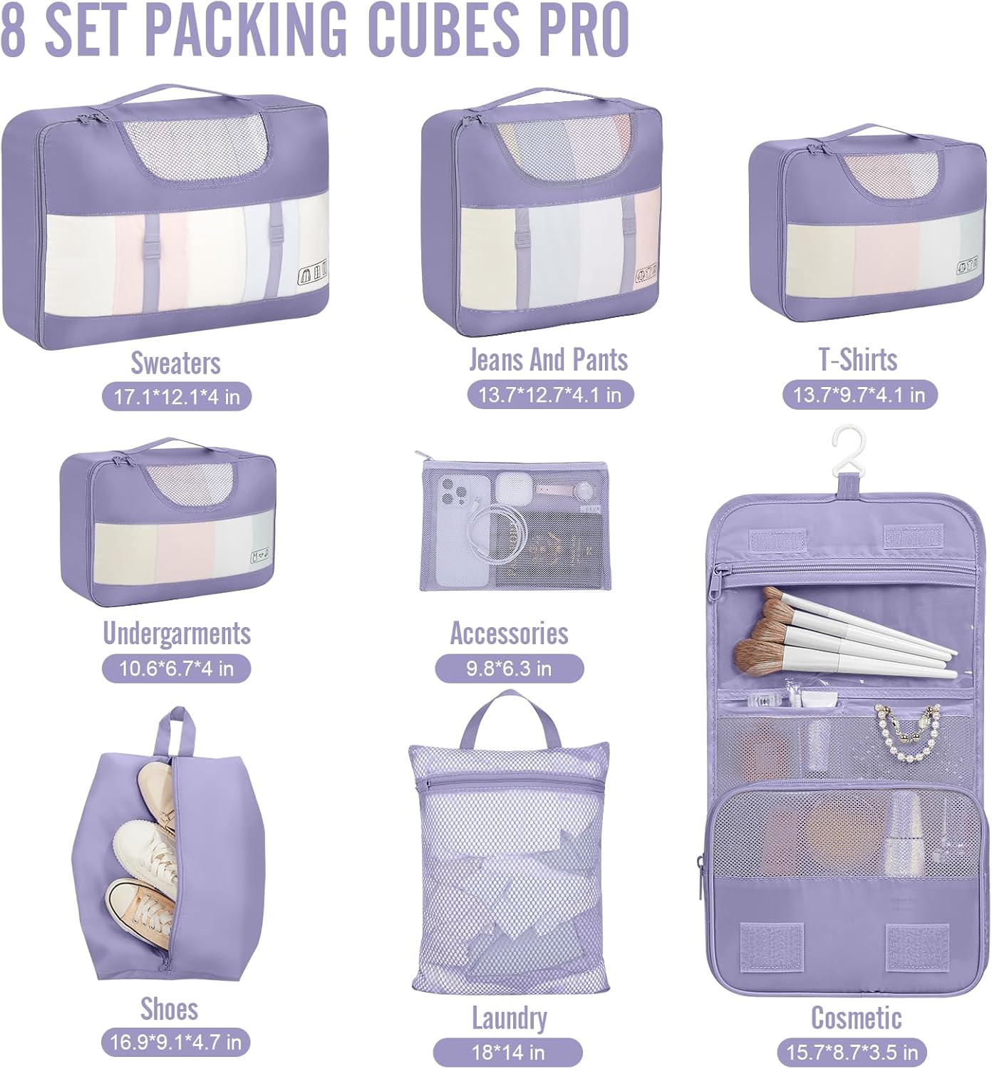 Veken 8 Set Packing Cubes for Travel Essentials, Suitcase Organizer Bags in 4 Sizes, Carry-On Luggage Accessories with Large Laundry & Hanging Toiletry Bag, Must-Have for Airplane, Road Trip & Camping