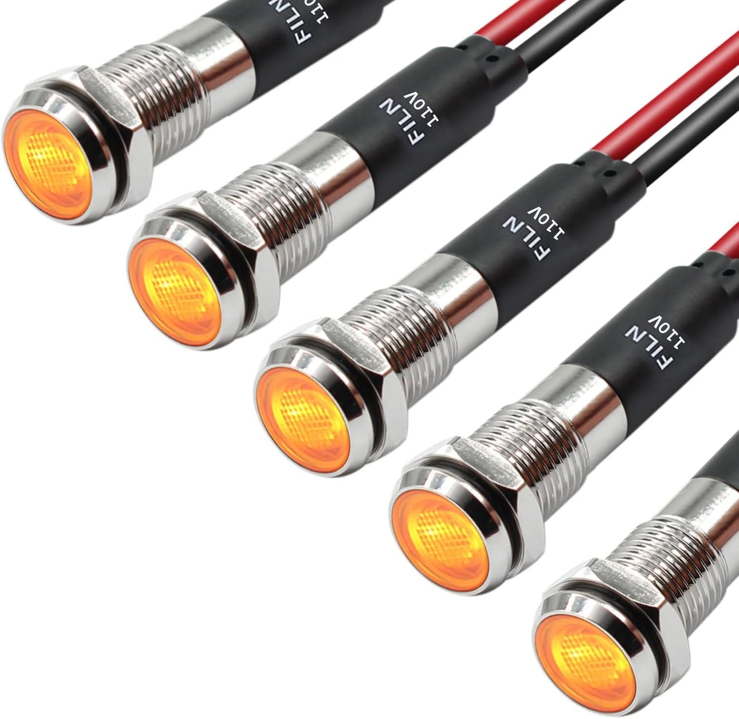 5Pcs 8MM (5/16'') Indicator Light led Indicator 110V 220V Metal Pilot Lamp Lights Aluminum Black Anodized Waterproof ip67 Red Signal Lamp Light(110V-Brass Nickel Plated-Yellow 5Pcs)