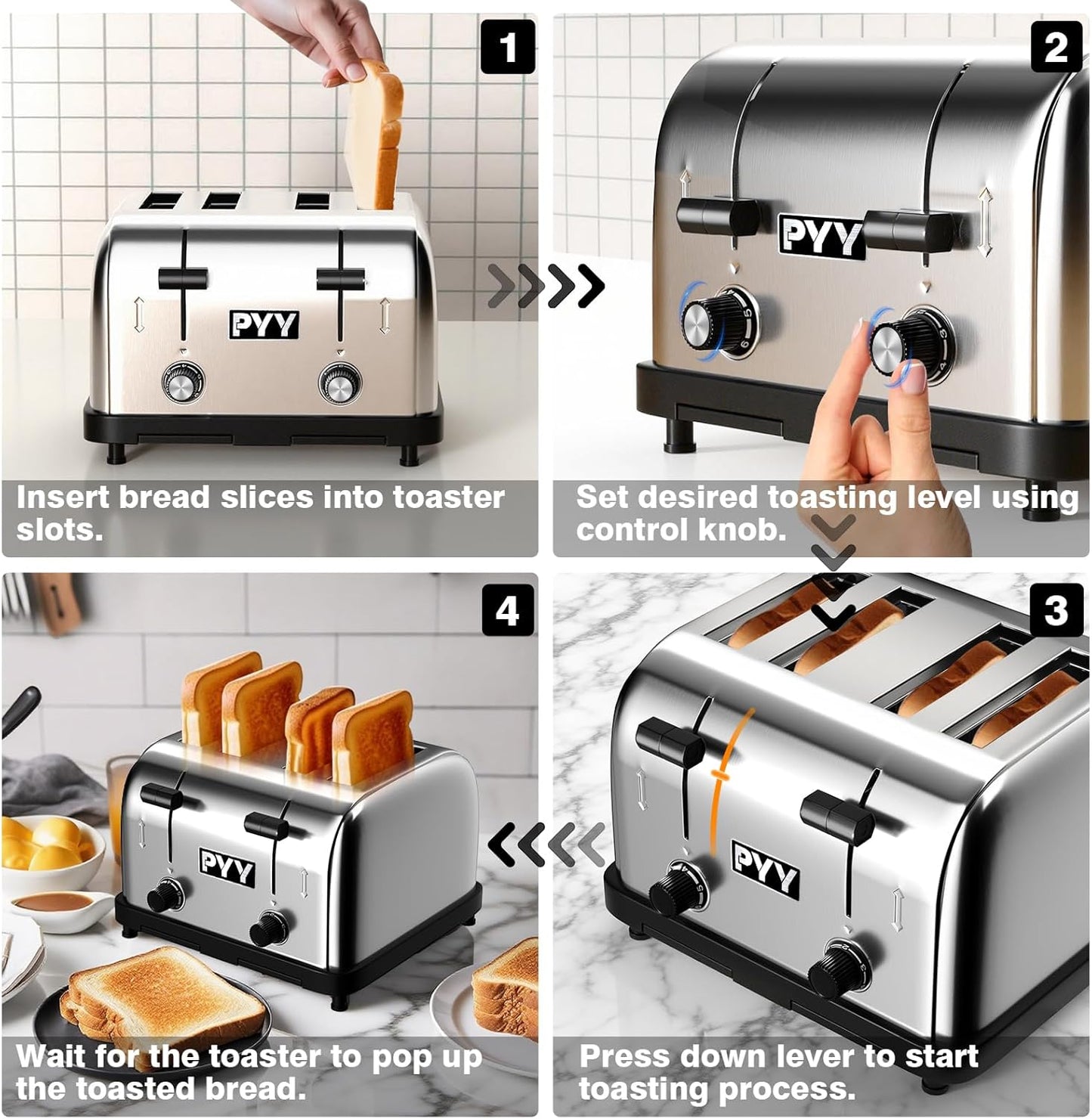 PYY Commercial Toaster 4 Slice for Restaurant - Wide Slots 1.57 inch Stainless Steel 6-Level Setting, with Removable Crumb Tray, 225 Slices/Hour 1800W - Bread, Bagels, Breakfast, Toast