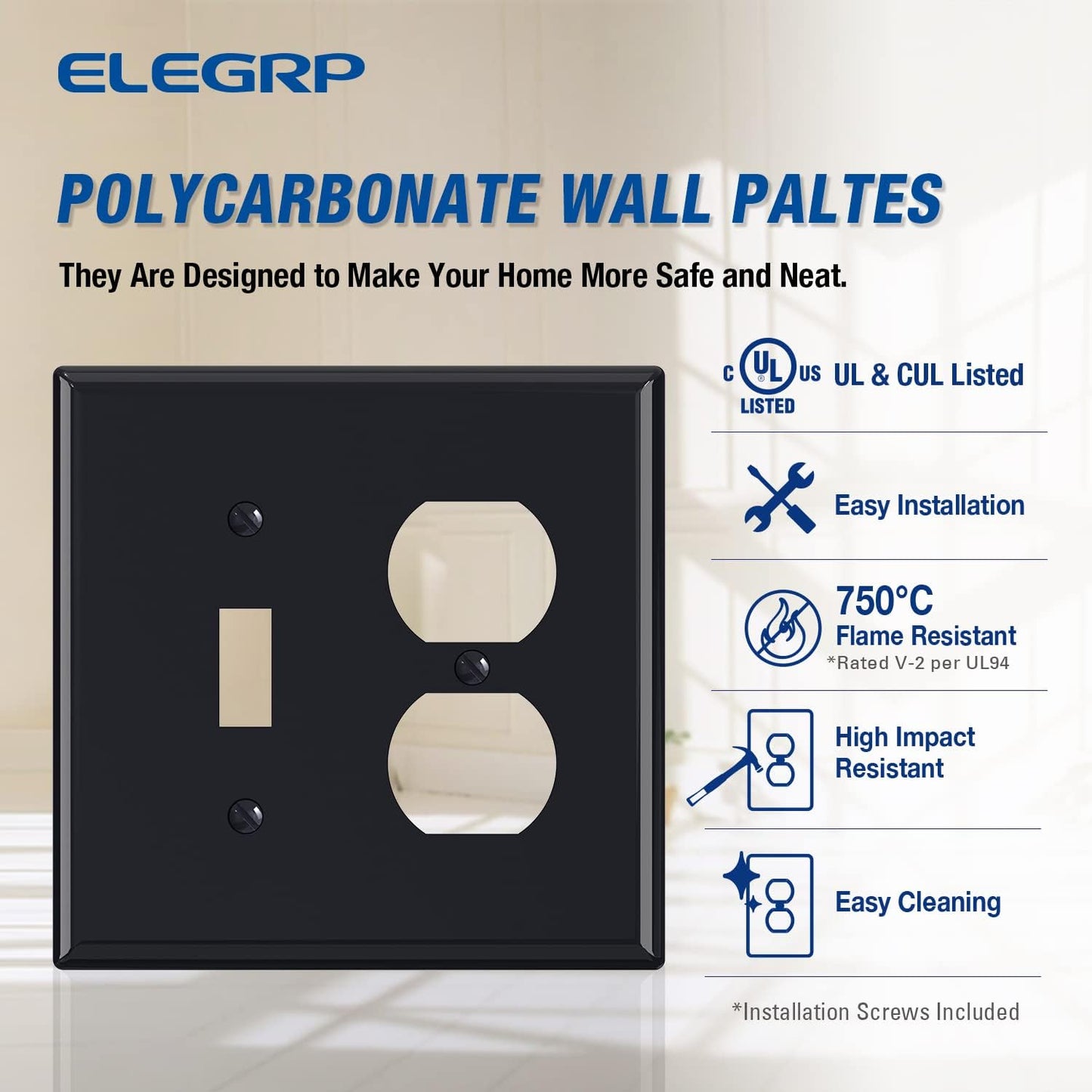 Combination Wall Plate ELEGRP 1-Toggle Light Switch 1-Duplex Receptacle Outlet Combination Wall Plate Cover, Mid-Size 4.88" x 4.94" Unbreakable Thermoplastic Faceplate Cover, UL Listed (1 Pack, black)