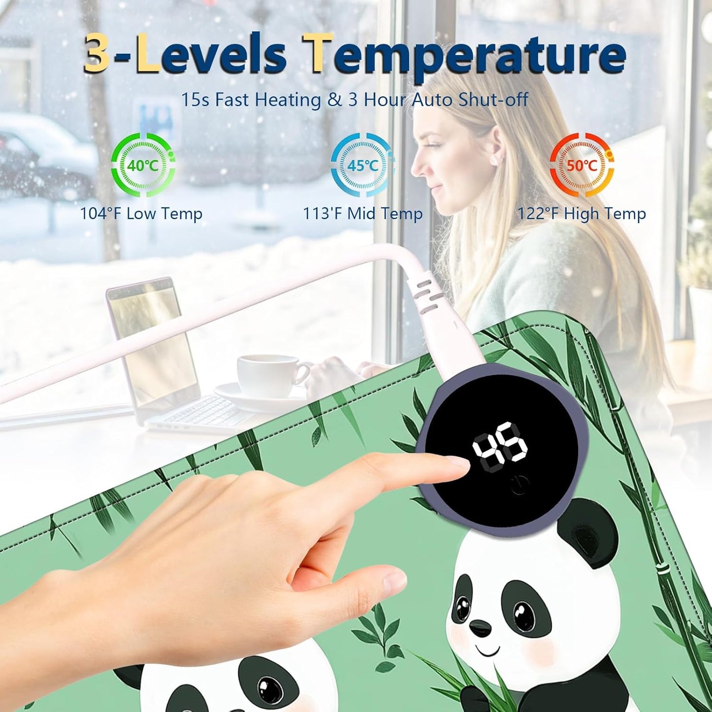 Heated Mouse Pad with 3 Temperature Settings(104°F–122°F),Large 31.5x13 Inch PU Leather Heated Desk Mat,Waterproof Warming Pad for Office,Gaming & Cold Hands Relief,Cute Three Pandas