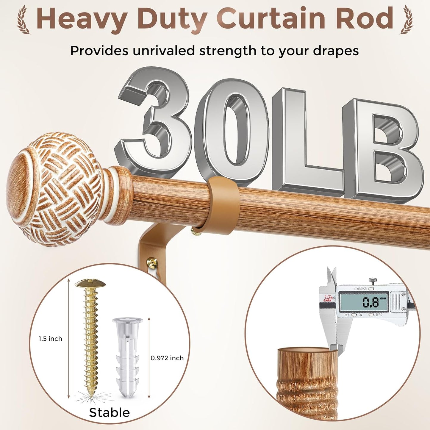 Wood Curtain Rods for Windows 28 to 48 Inches, Decorative 1'' Diameter Heavy Duty Adjustable Rustic Farmhouse Drapery Pole with Boho Imitation Wooden Grain Finials, Size: 30''-60'', Brown