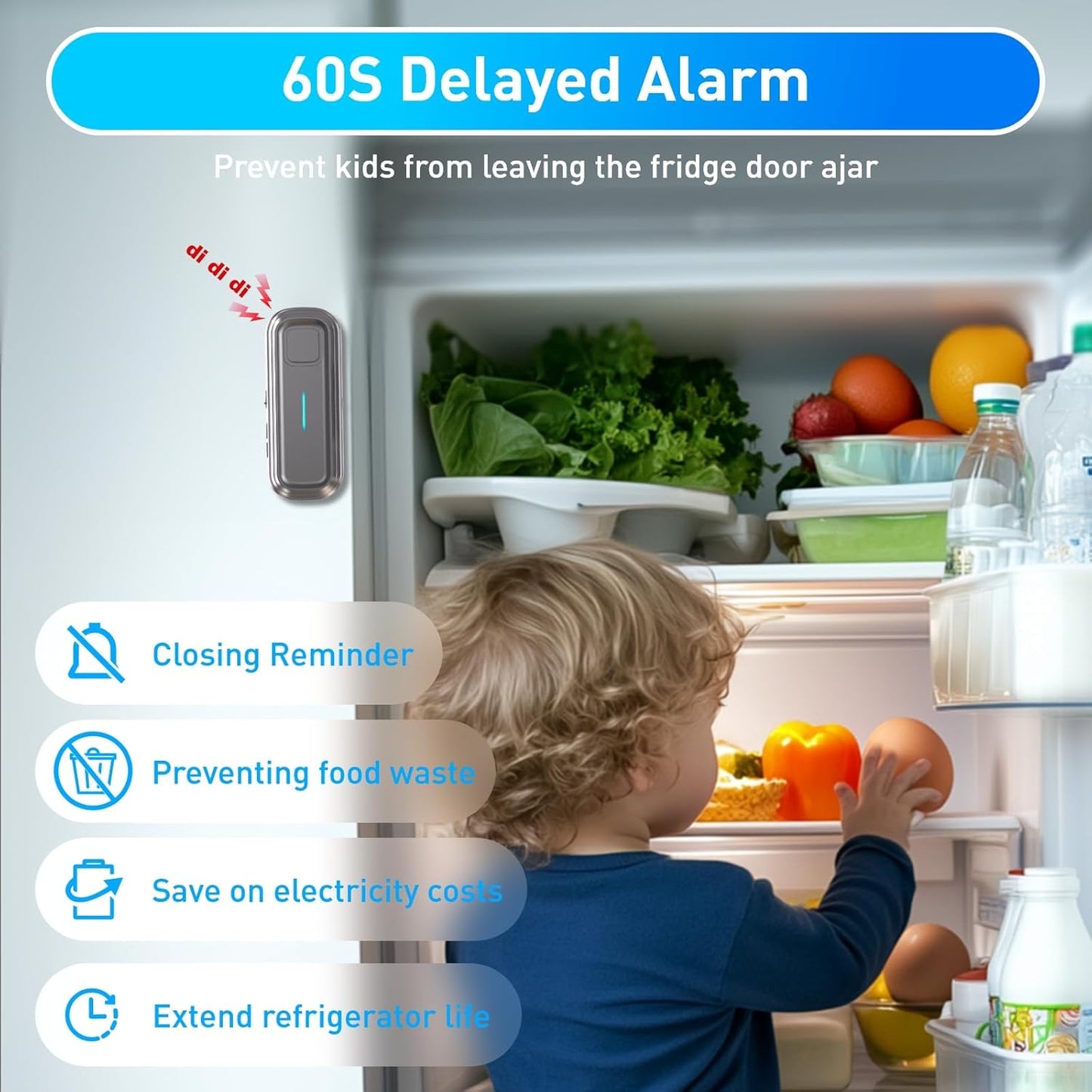 Daytech Refrigerator & Freezer Door Alarm - Adjustable 1-4 Minute Delay, 0-120dB Adjustable Siren, Door/Window Sensor for Home or Business (5 Pack, Gray)