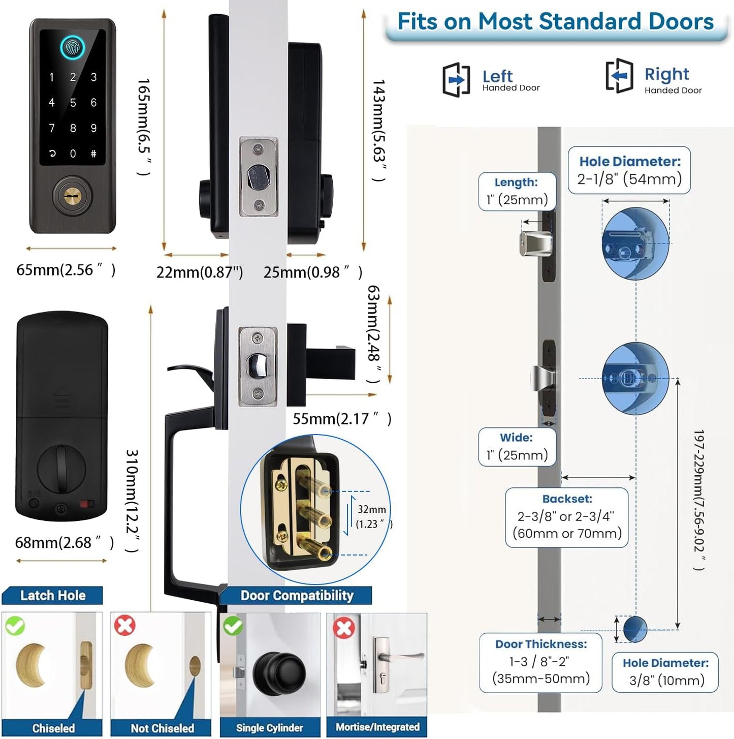 Fingerprint Door Lock with Handle Sets, BEBASIA Keyless Entry Door Lock, Bluetooth Front Door Lock Set, Smart Deadbolt, Electronic Keypad Digital Lock with Handle, Aged Bronze