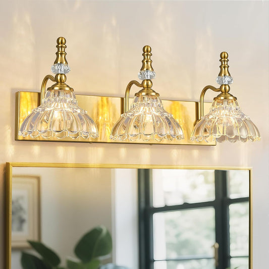 Vintage Bathroom Vanity Light, 3-Light Gold Vanity Lighting Fixture with Flower Glass Shade, Bathroom Lighting Fixtures Over Mirror