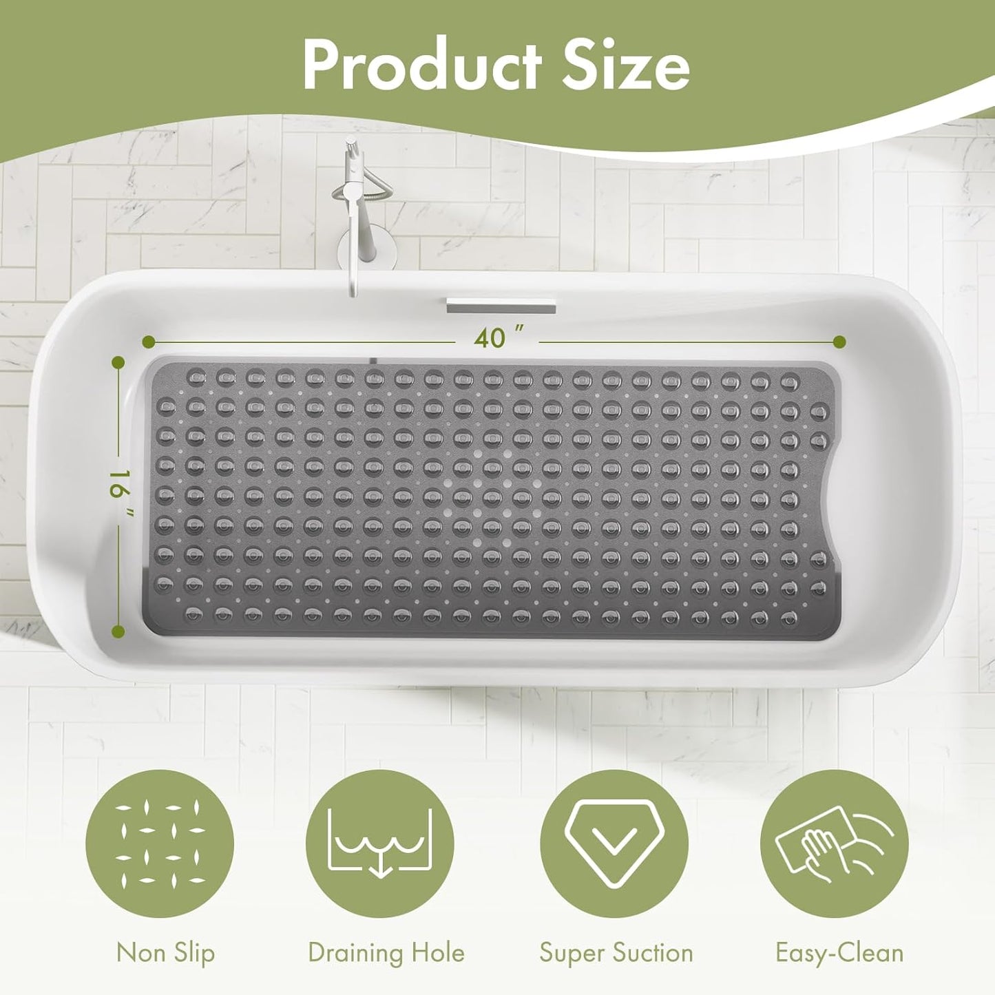 AmazerBath Shower Mat Non Slip 40 x 16 Inches, Shower Stall Mats with Suction Cups and Drain Holes, Non Slip Bath Mat for Tub for Elderly & Kids, Clear Black