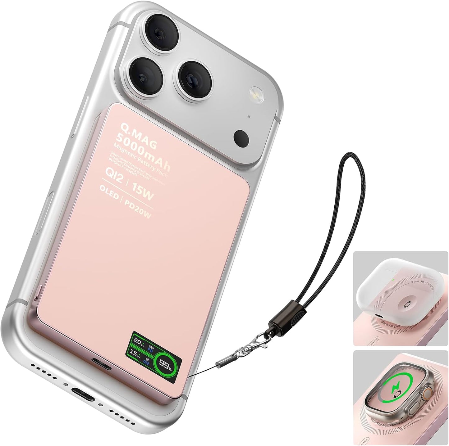 Magnetic Power Bank with iWatch Charger, Ultra-Slim 5000mAh Qi2 15W Wireless Mag-Safe Battery Pack with LCD Display, PD 20W Fast Portable Charger for iPhone Air/17/16/15/14 Series/Apple Watch