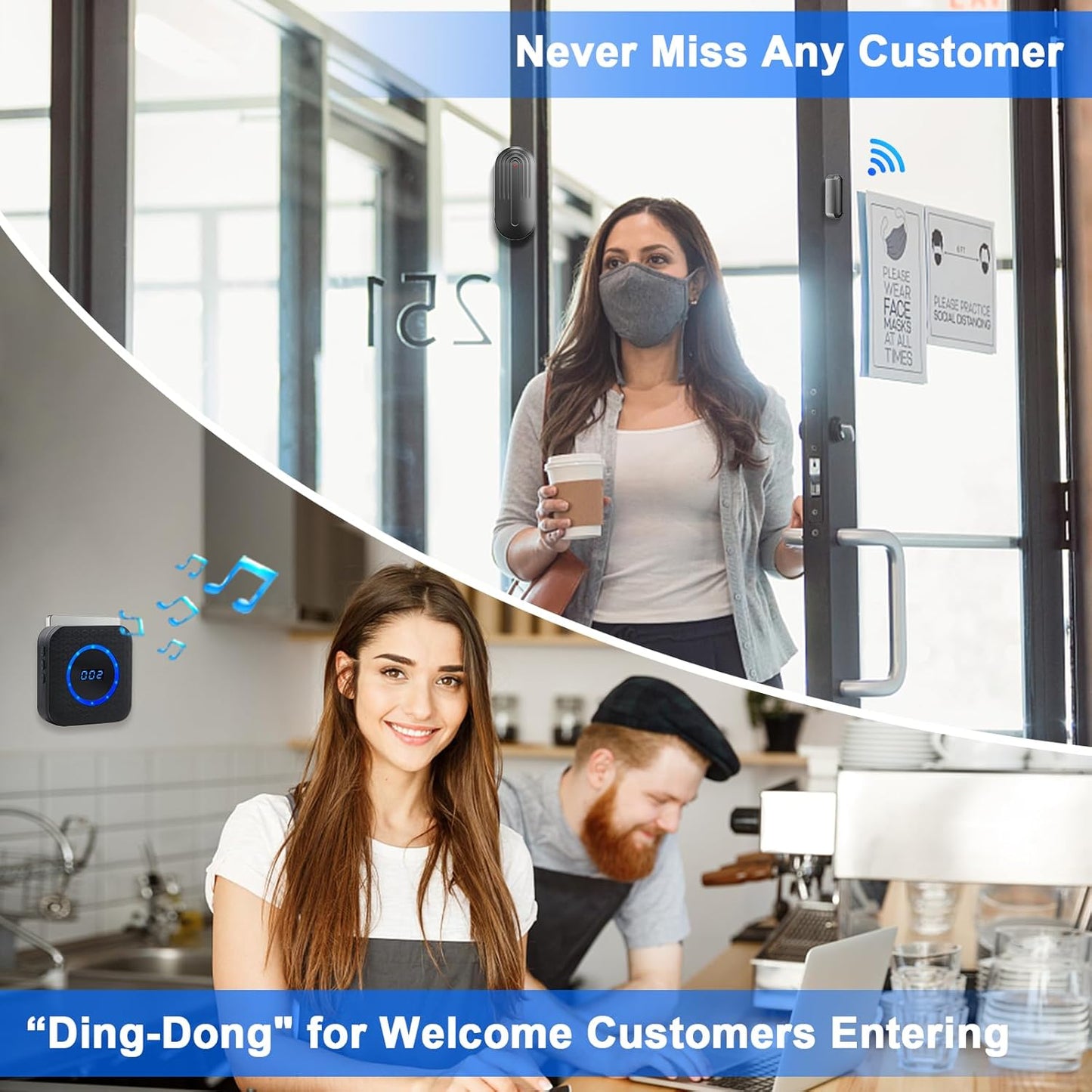 Wireless Door Chime for Business Home Office When Entering Door Alarms When Opened with 800Ft Range 55 Chimes 5 Volume Levels (1 Receiver & 4 Sensor)
