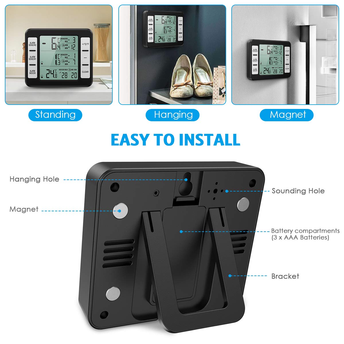 (New Version) AMIR Refrigerator Thermometer, Wireless Indoor Outdoor Thermometer, Sensor Temperature Monitor with Audible Alarm Temperature Gauge for Freezer Kitchen Home (Battery not Included)