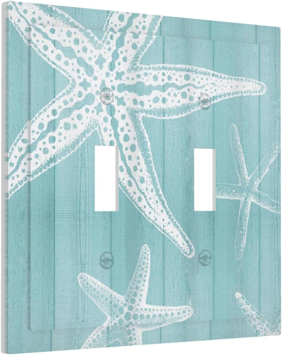Decorative Light Switch Cover Plate Starfish Teal Wood Board Nautical 2 Gang Outlet Covers Double Toggle Wall Plates for Electrical Outlets Switch Plate Covers Faceplate for Bedroom Home Decor
