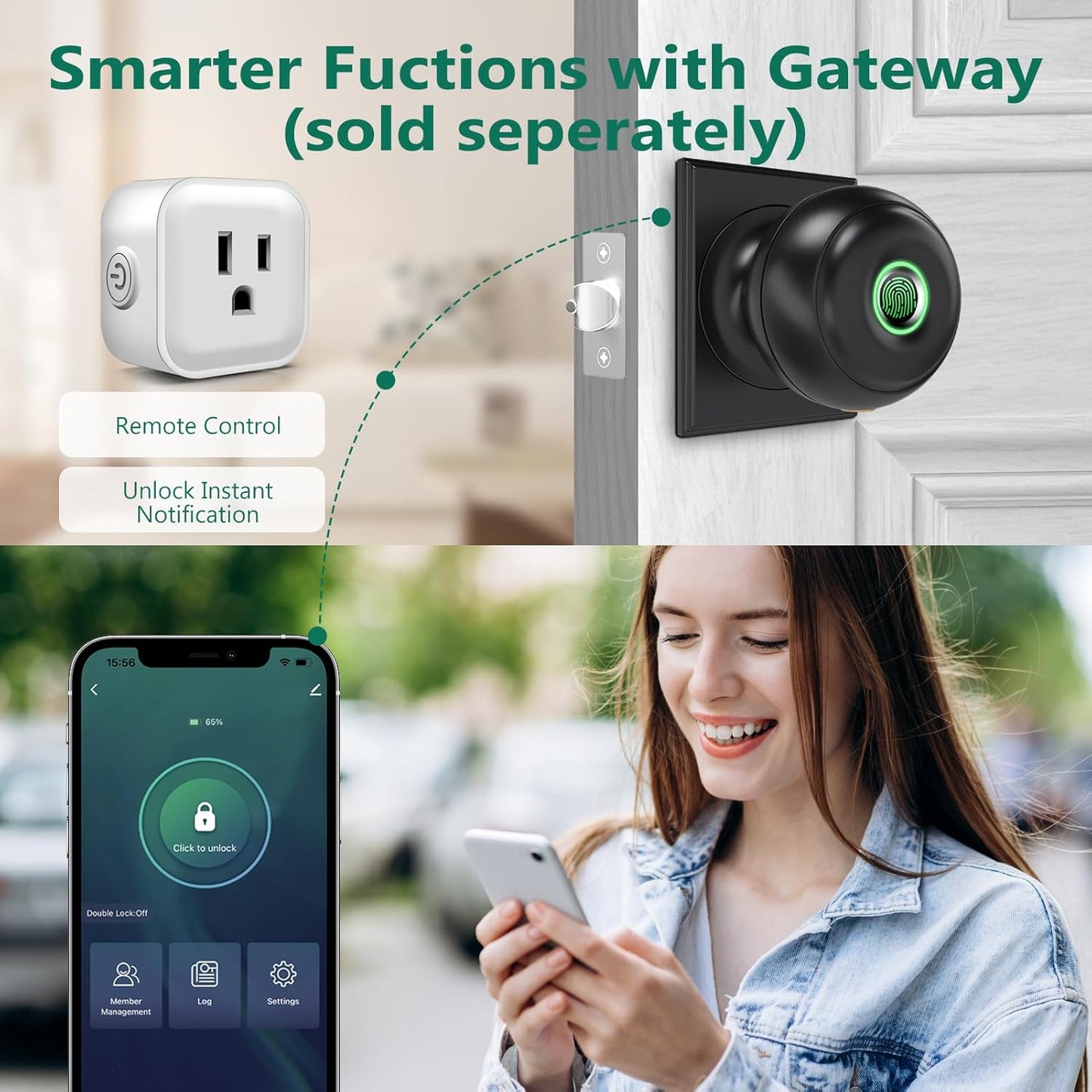 GeekTale Fingerprint Door Lock, Smart Lock with App, Biometric Door Lock, Thumbprint Door Knob, Smart Fingerprint Door Knob for Bedroom, Office, Apartment