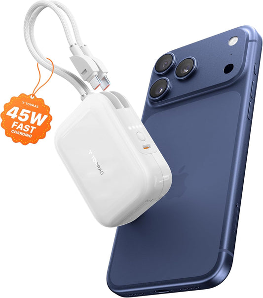 TORRAS 45W Portable Charger, Smallest 10000mAh Power Bank with Built in USB-C Cable, Fast Charging USB C in&Out Battery Pack, Travel Phone Charger for iPhone Air/17/16/15 Series, Samsung, iPad etc