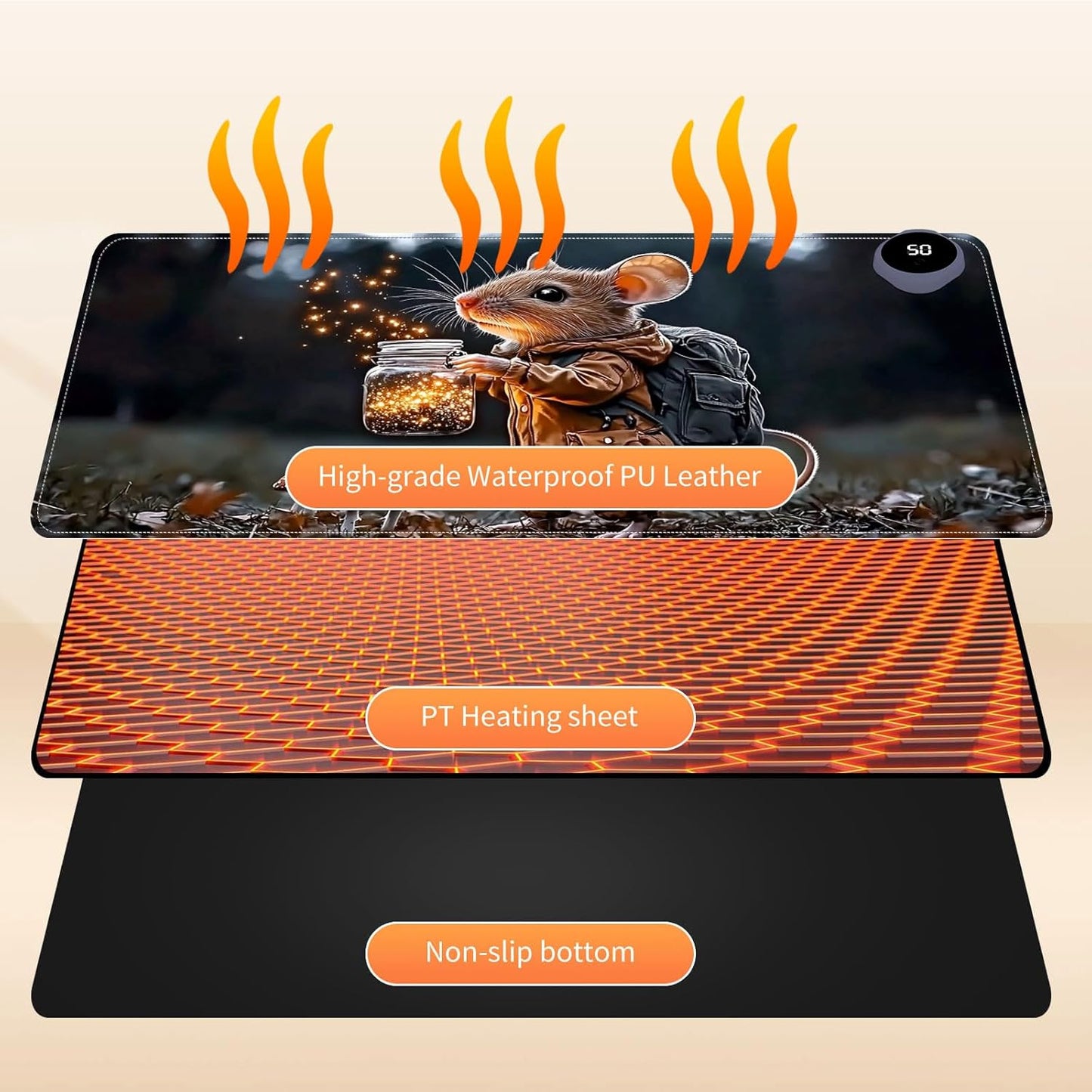 Small Heated Desk Pad 23.6" x 14.2" – Compact Electric Mouse Pad with 3 Heating Levels, Auto Shut-Off, Waterproof PU Surface, Plug-in Warmer for Office or Home Use, Mouse with Lantern