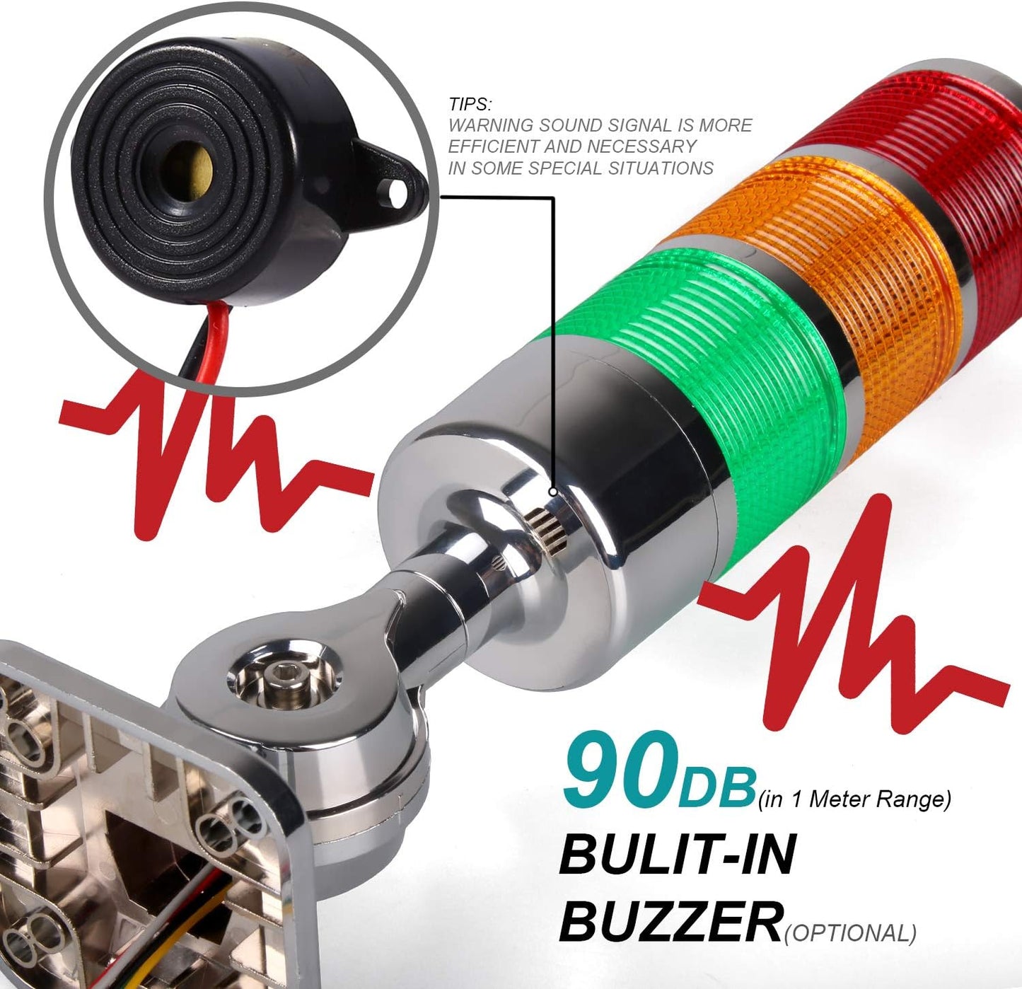 12-24V LED Stack Tower Lights, Industrial Warning Lights, Andon Lights, Column Signal Tower Indicator Lamp Beacon, Continuous/Flashing Light Switchable, 3 Layer (with Buzzer)