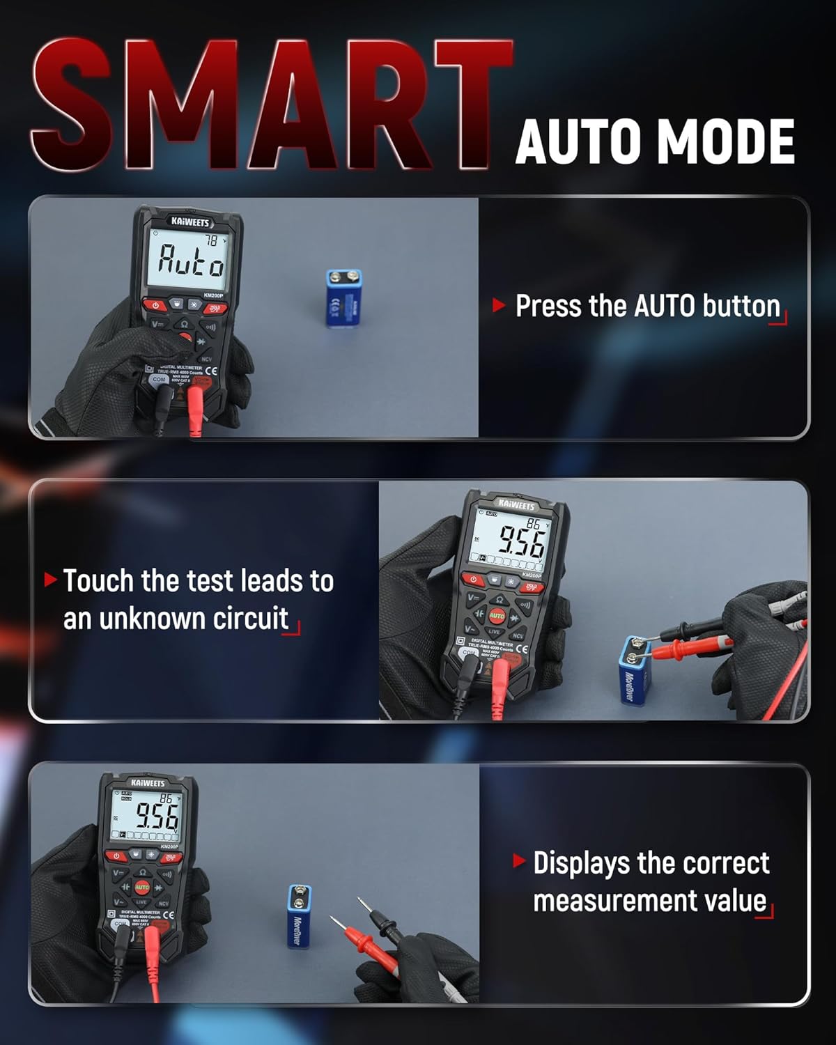 KAIWEETS KM200P Digital Multimeter, All Button Operation (No Knob), TRMS Auto Ranging, 4000 Counts, NCV, Voltmeter Ohmmeter, Fast & Accurate Measure AC/DC Voltage, Resistance, Continuity, Capacitance
