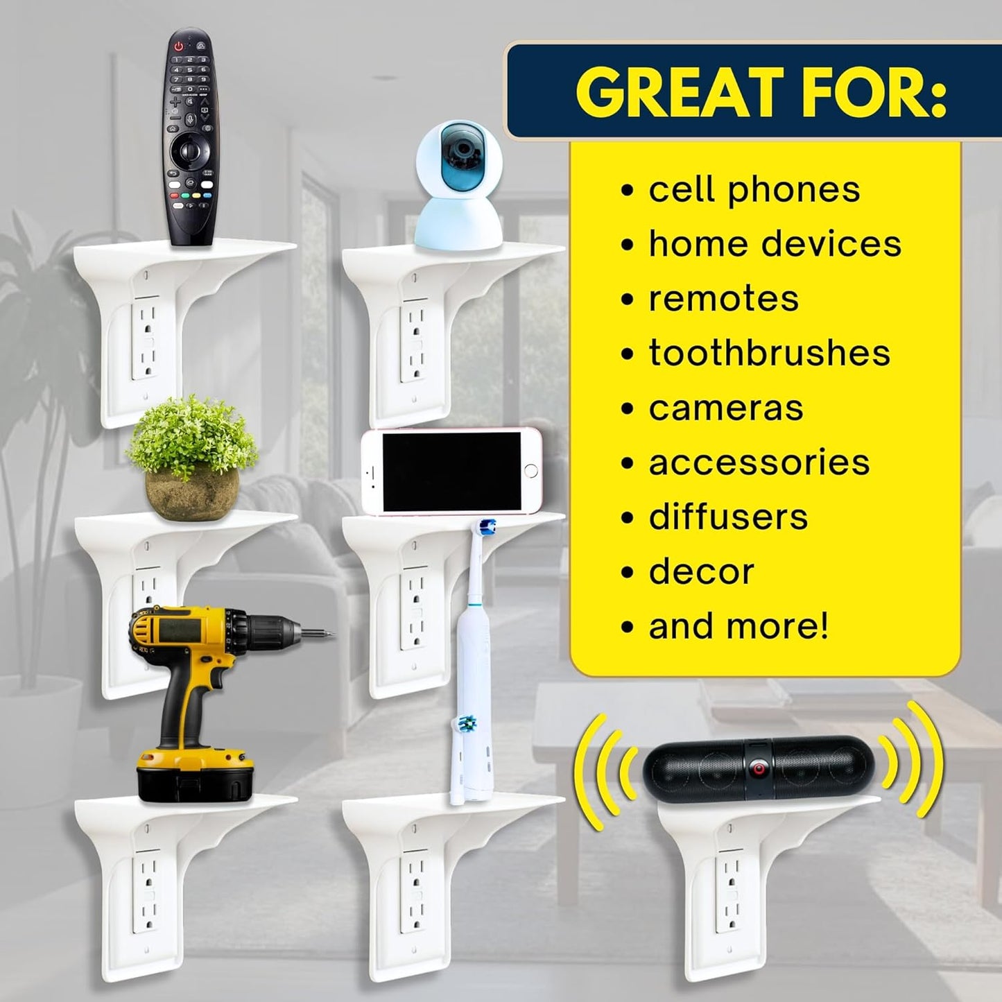 BeraTek Power Perch Wall Outlet Shelf with Cord Storage Strap - Declutter & Reclaim Counter Space - Top Uses: Charging Shelf, Echo Dot Stand, Apple HomePod Mini Wall Mount - White, 1-Pack